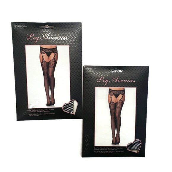 Leg Avenue Accessories - (2) Leg Avenue Lace Top Fishnet Stocking W/ Lace Foot Garter Belt Black One Size